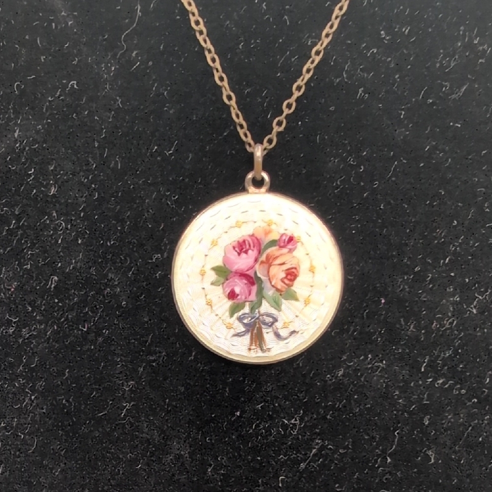 Vintage Edwardian Guilloche Enamel Floral Pendant Necklace Brass Toned Chain